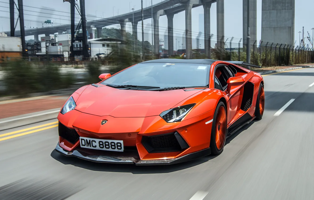 Photo wallpaper road, bridge, movement, Lamborghini, front view, aventador, Aventador LP900-4 Molto Veloce