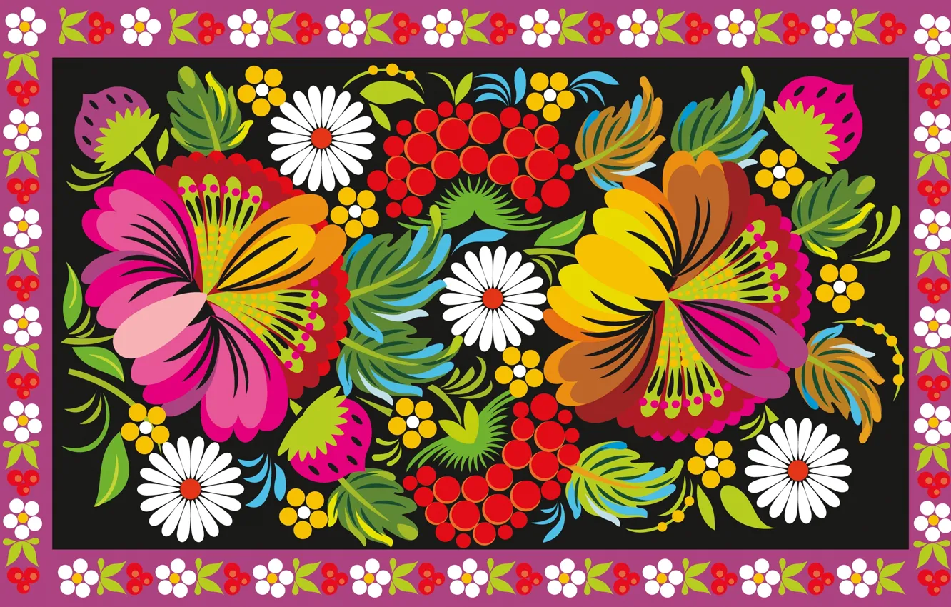 Photo wallpaper flowers, berries, pattern, ornament, painting, folk