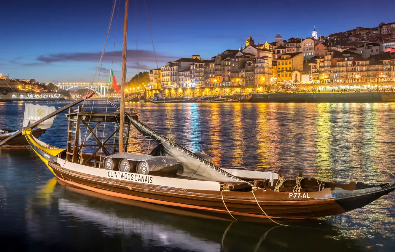 Photo wallpaper bridge, the city, river, home, boats, the evening, lighting, Portugal