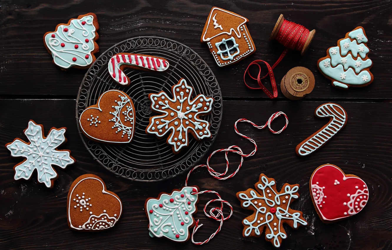 Photo wallpaper winter, snowflakes, New Year, cookies, Christmas, hearts, house, figures
