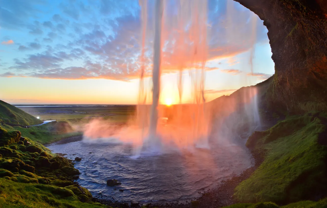 Photo wallpaper sunset, waterfall, stream, Iceland, Iceland, Seljalandsfoss, Seljalandsfoss