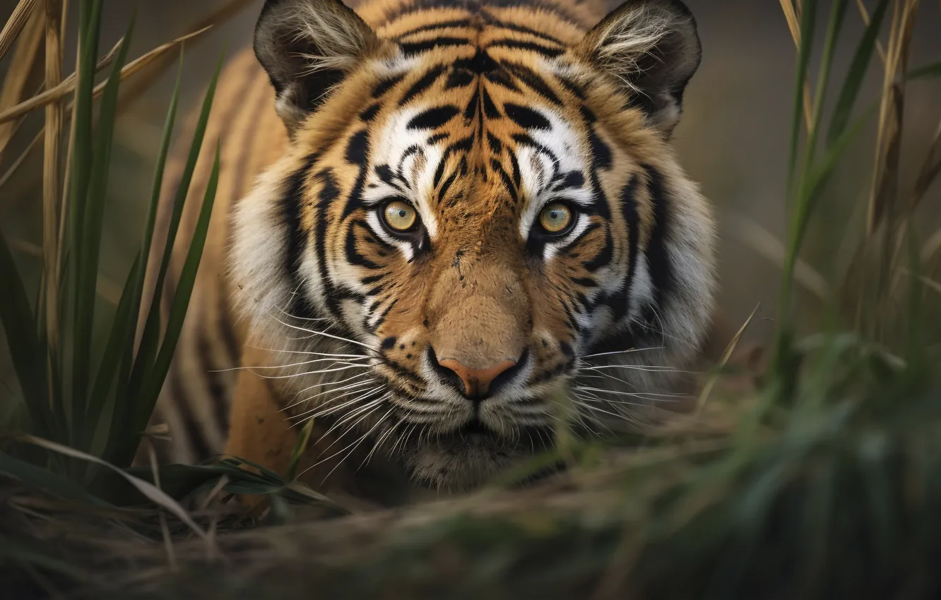 Photo wallpaper grass, look, face, tiger, predator, front, big cat, closeup