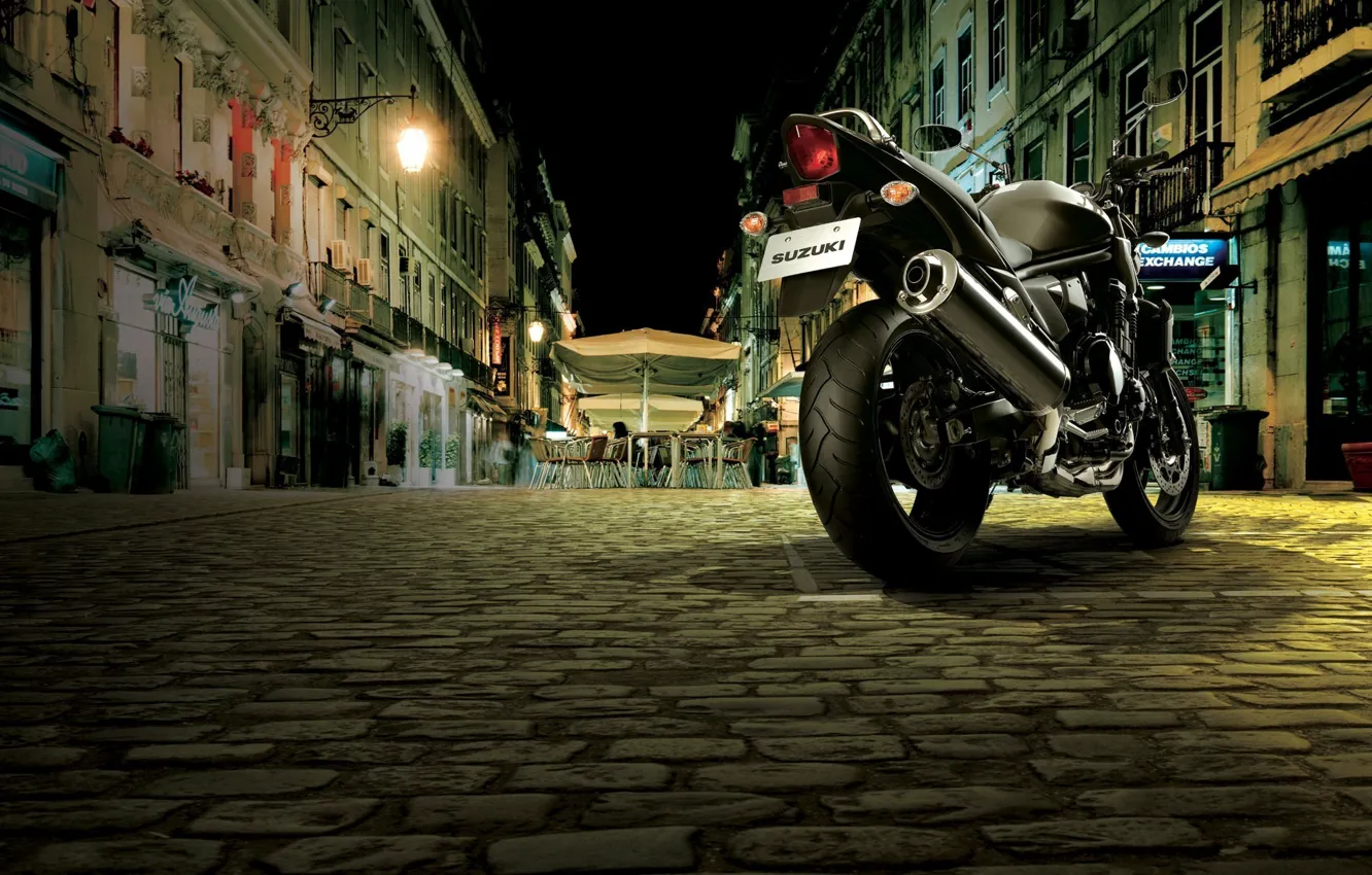 Photo wallpaper street, motorcycle, cafe, bridge