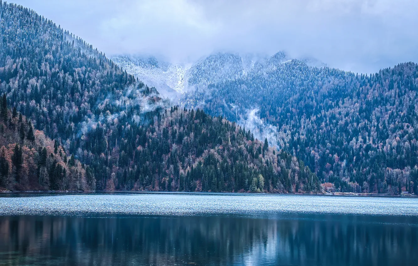 Photo wallpaper winter, forest, fog, haze, fabulous scenery, the beauty of nature, Lake Ritsa, Alexey Boikov