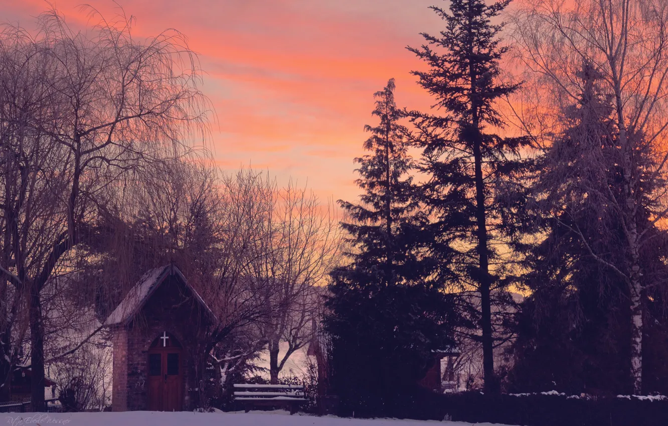Photo wallpaper winter, snow, trees, sunset, bench, the evening, chapel