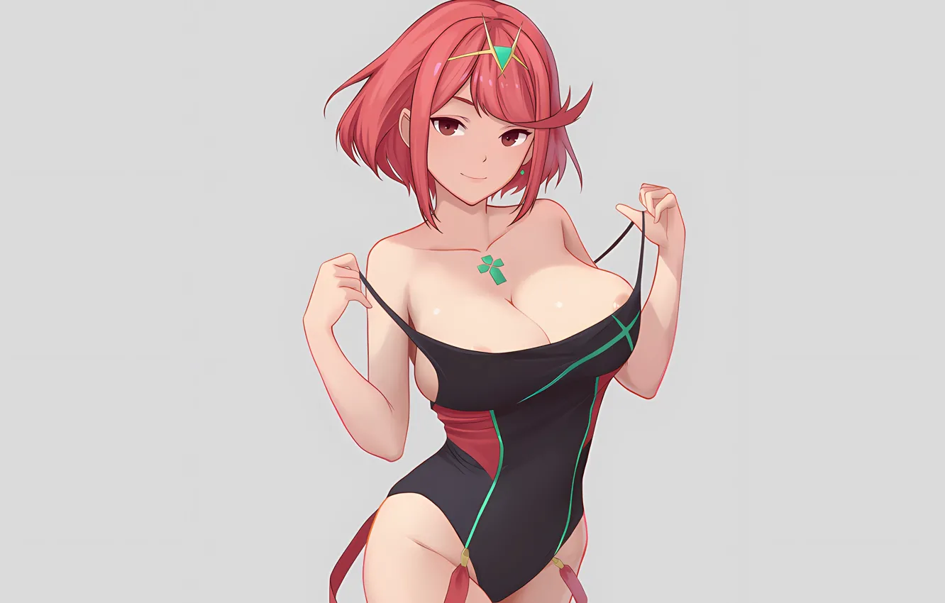 Photo wallpaper girl, sexy, cleavage, red hair, long hair, boobs, anime, beautiful