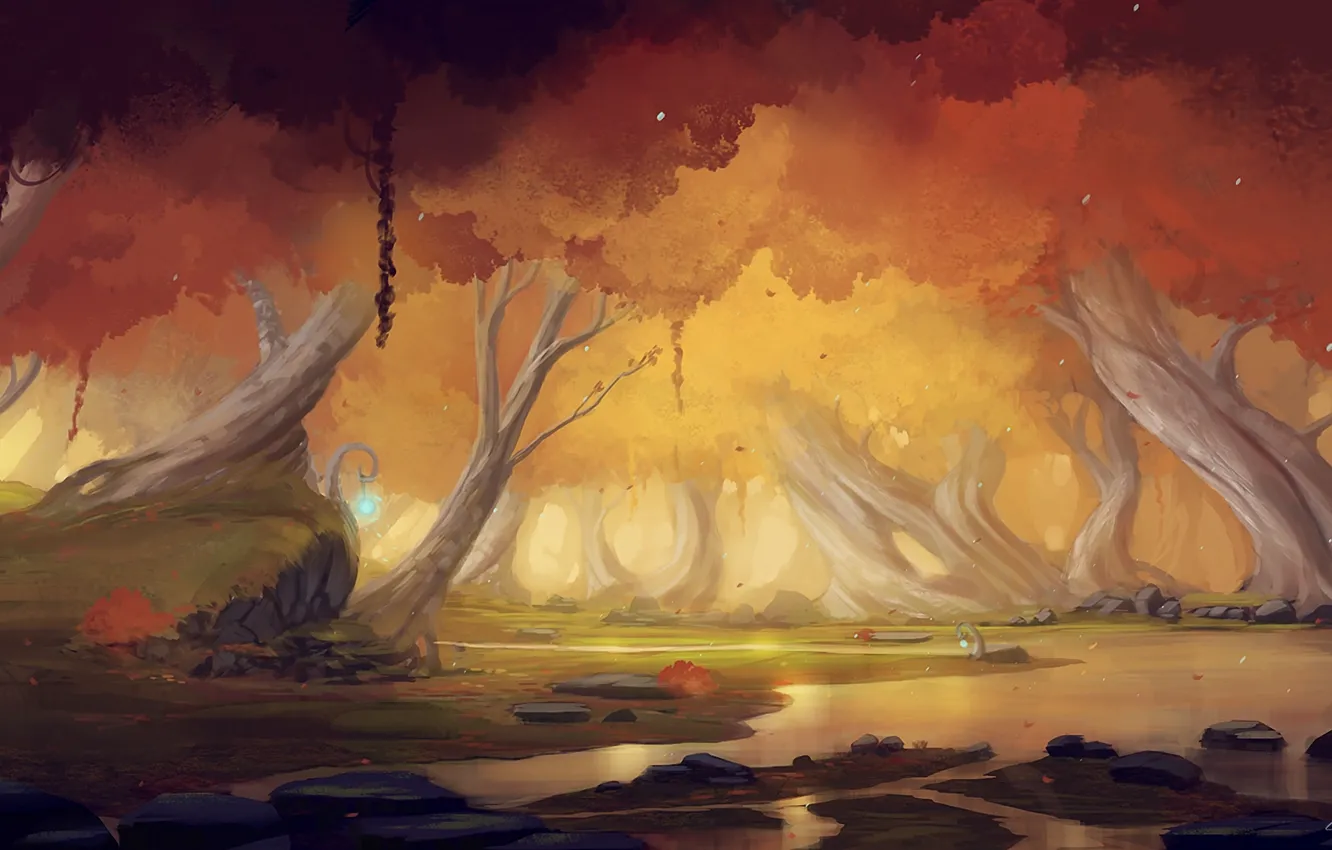 Photo wallpaper autumn, forest, landscape, river, stones, art, lamp, blinck