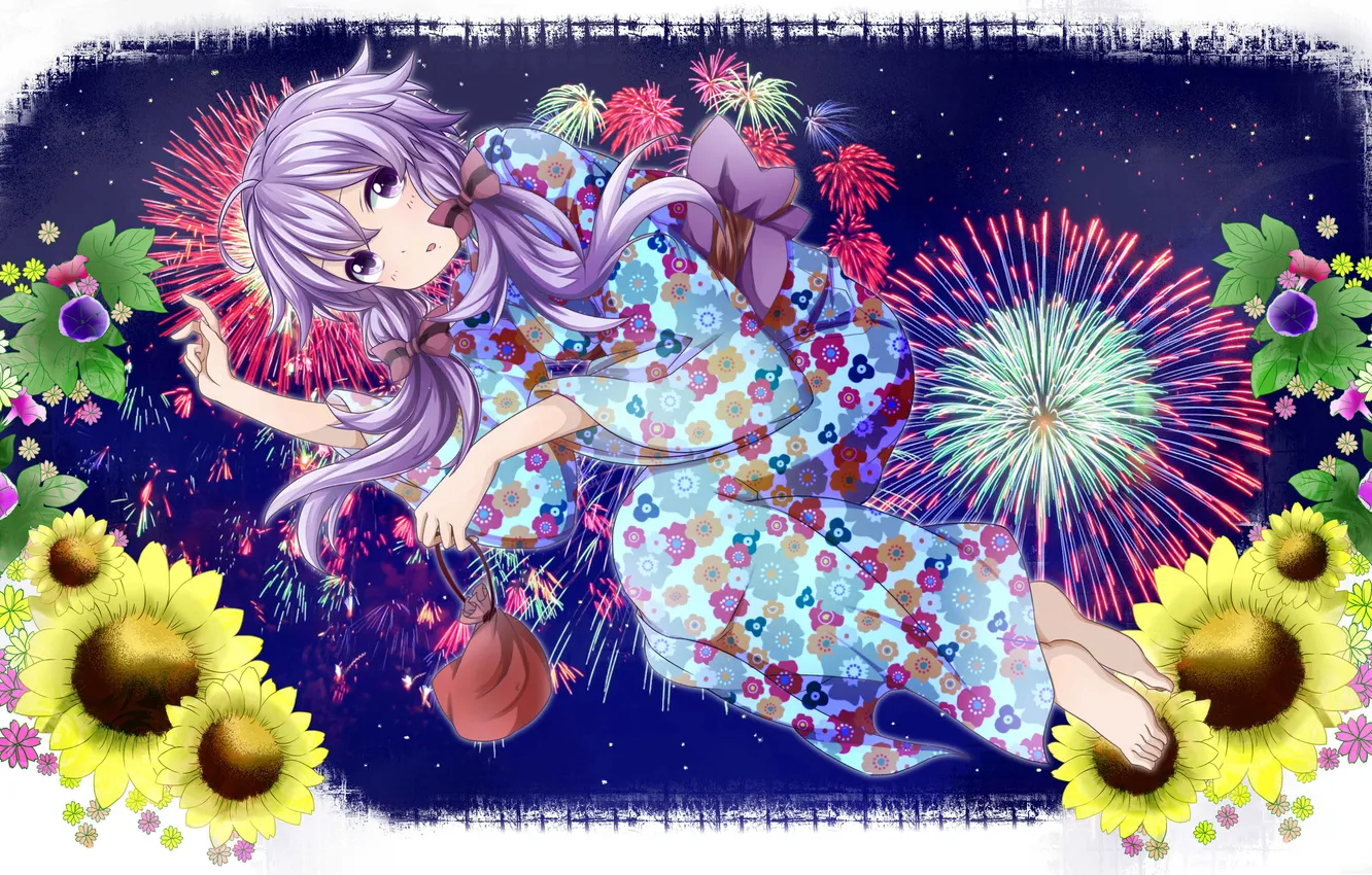 Photo wallpaper the sky, girl, stars, flowers, night, art, fireworks, kimono