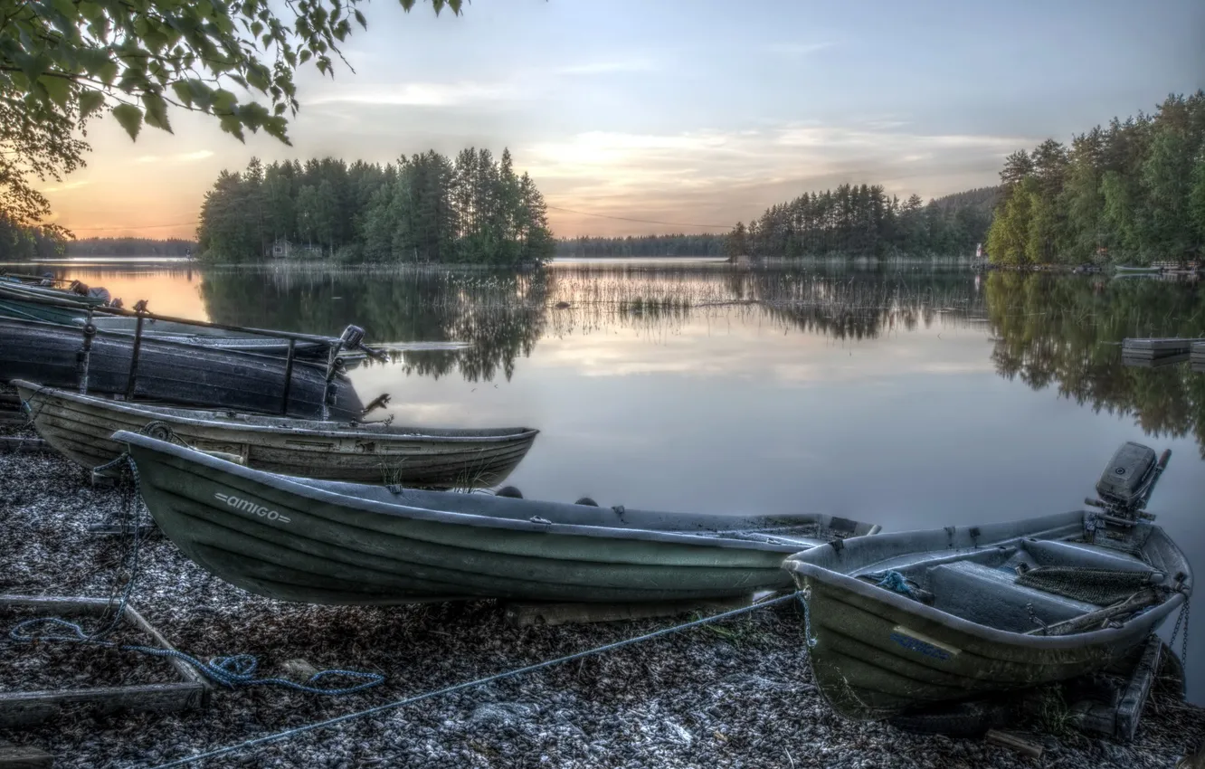 Photo wallpaper HDR, landscape, sunset, boats, Finland