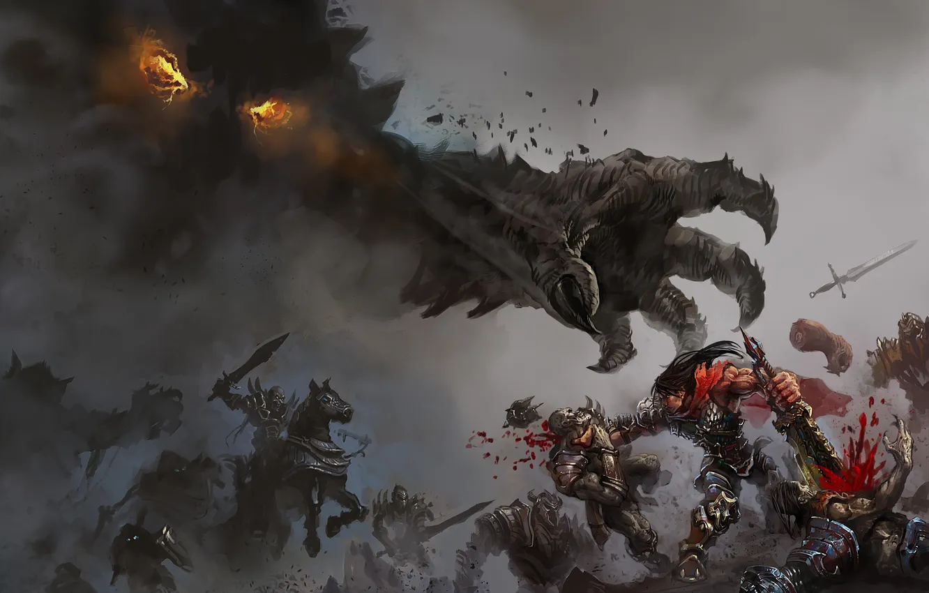 Photo wallpaper fiction, blood, smoke, hands, battle, the demon, art, rider