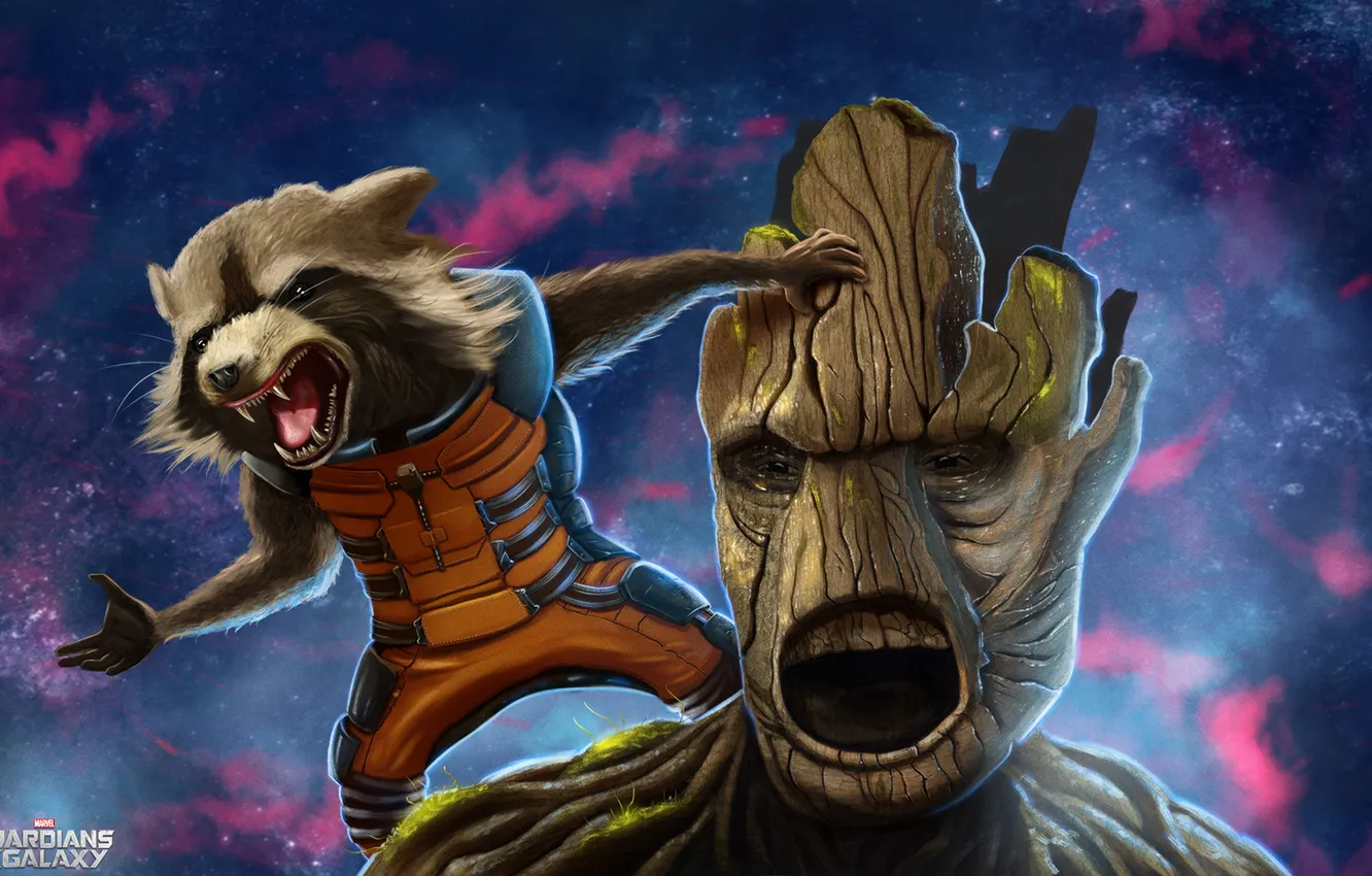 Photo wallpaper rocket, raccoon, Guardians of the Galaxy, groot