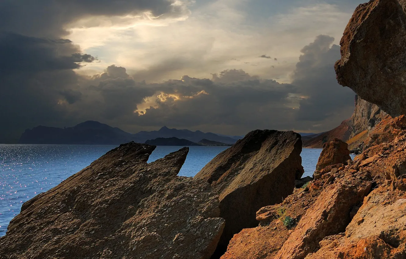 Photo wallpaper sea, clouds, mountains, stones, rocks, shadow, Black, Crimea