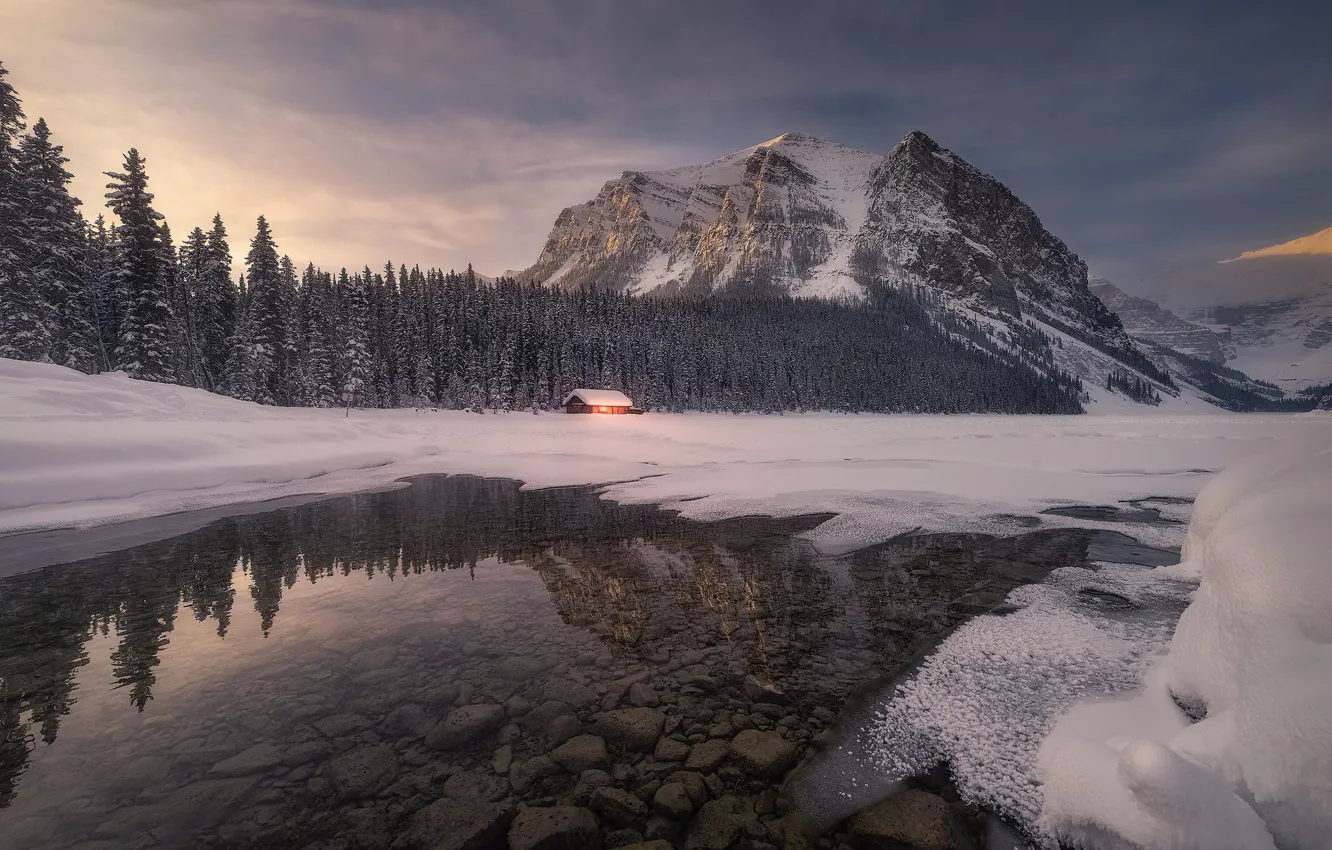 Photo wallpaper winter, forest, snow, mountains, lake, hut, Canada, Albert
