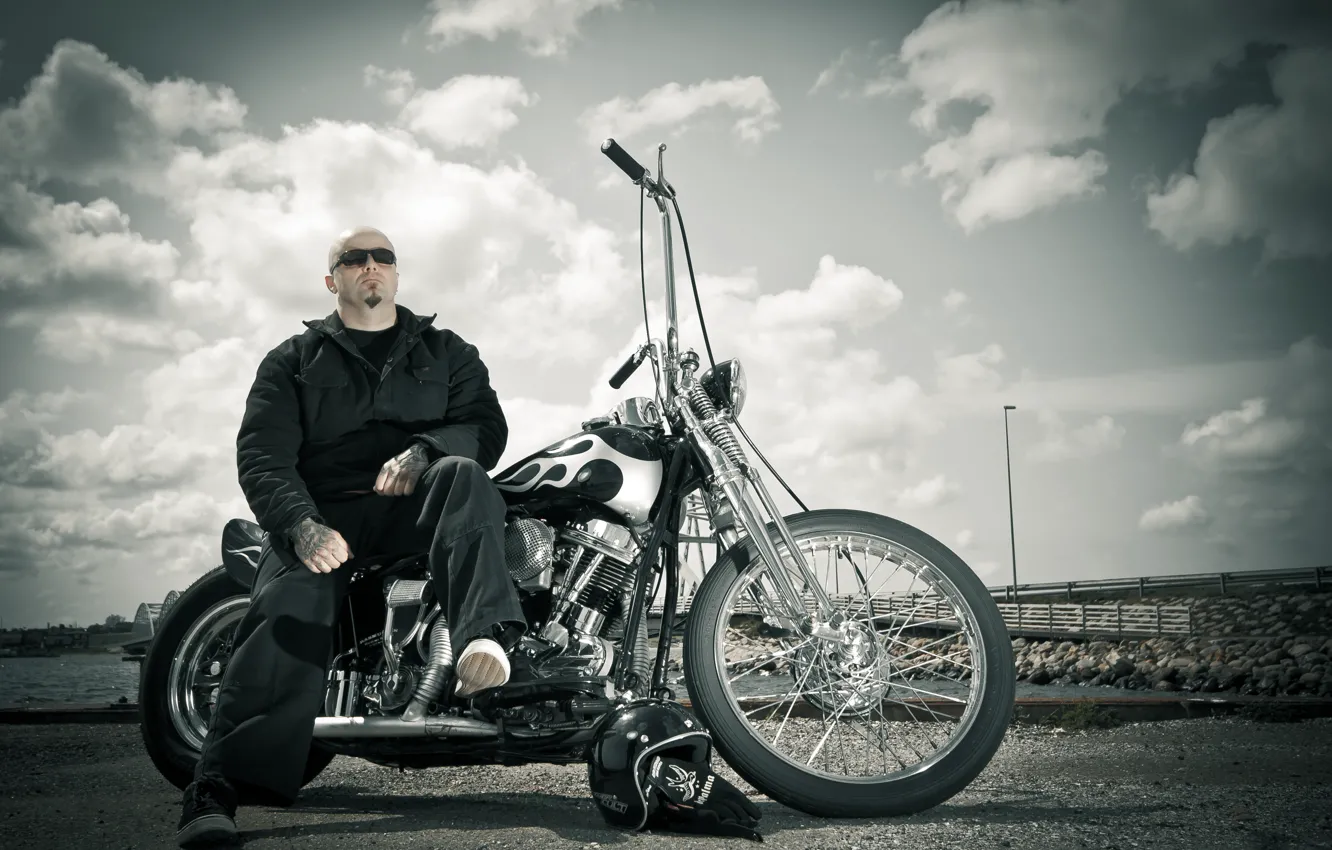 Photo wallpaper male, biker, bike, tattoos, Harley-Davidson