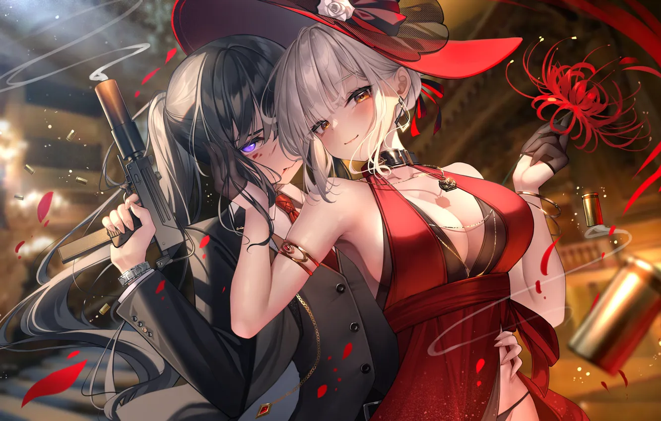 Photo wallpaper girl, flowers, gun, Chisato Nishikigi, Takina Inoue, Lycoris Recoil