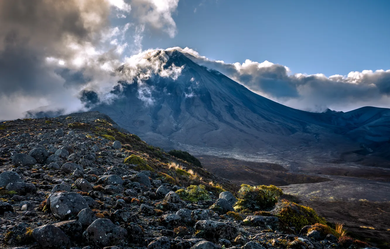 Photo wallpaper clouds, landscape, mountains, stones