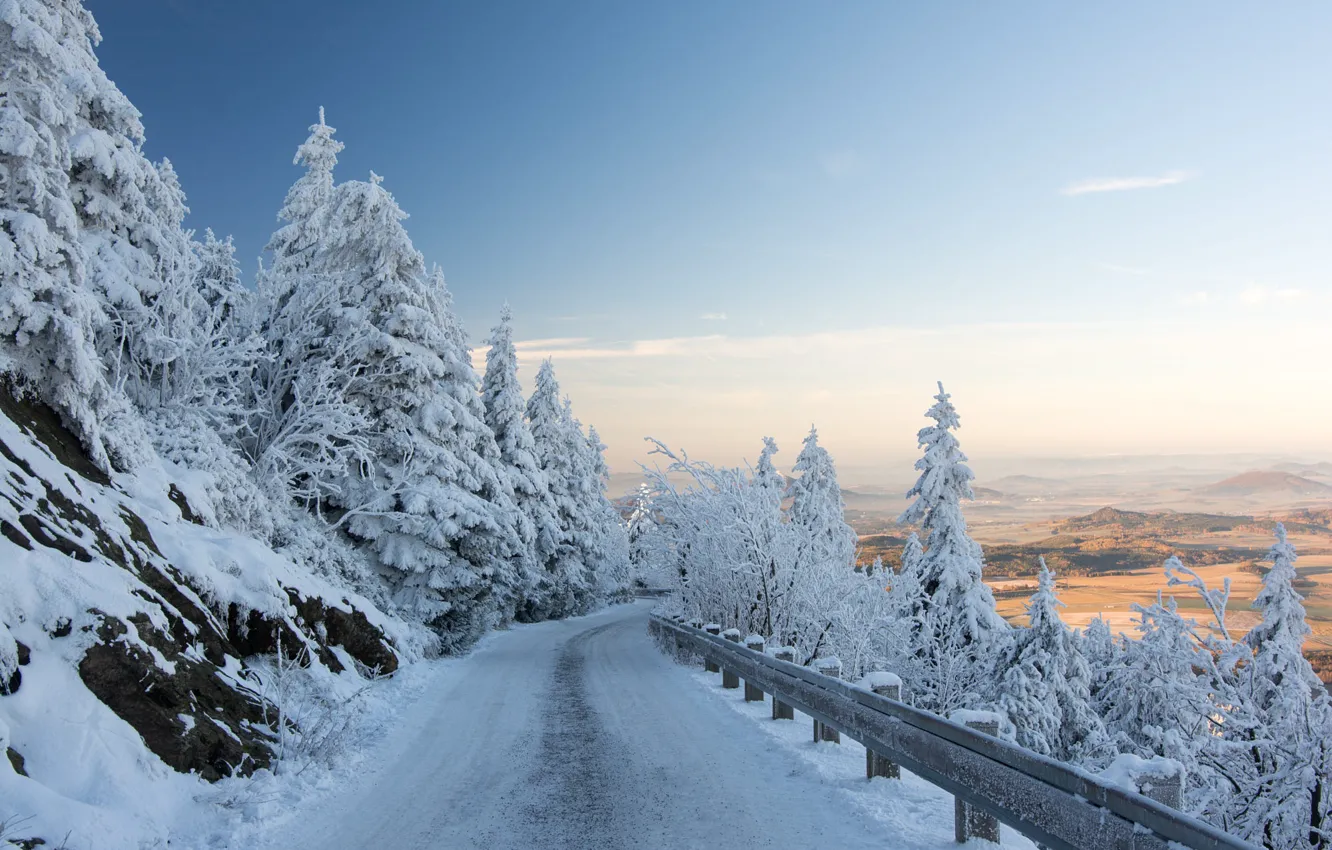 Photo wallpaper winter, frost, road, forest, the sky, snow, mountains, height