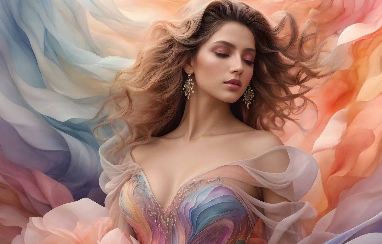 Photo wallpaper chest, girl, face, earrings, silk, dress, beauty, fabric