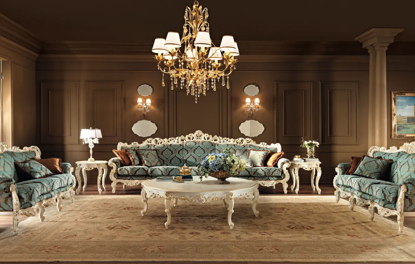 Photo wallpaper room, sofa, interior, picture, chair, chandelier, living room