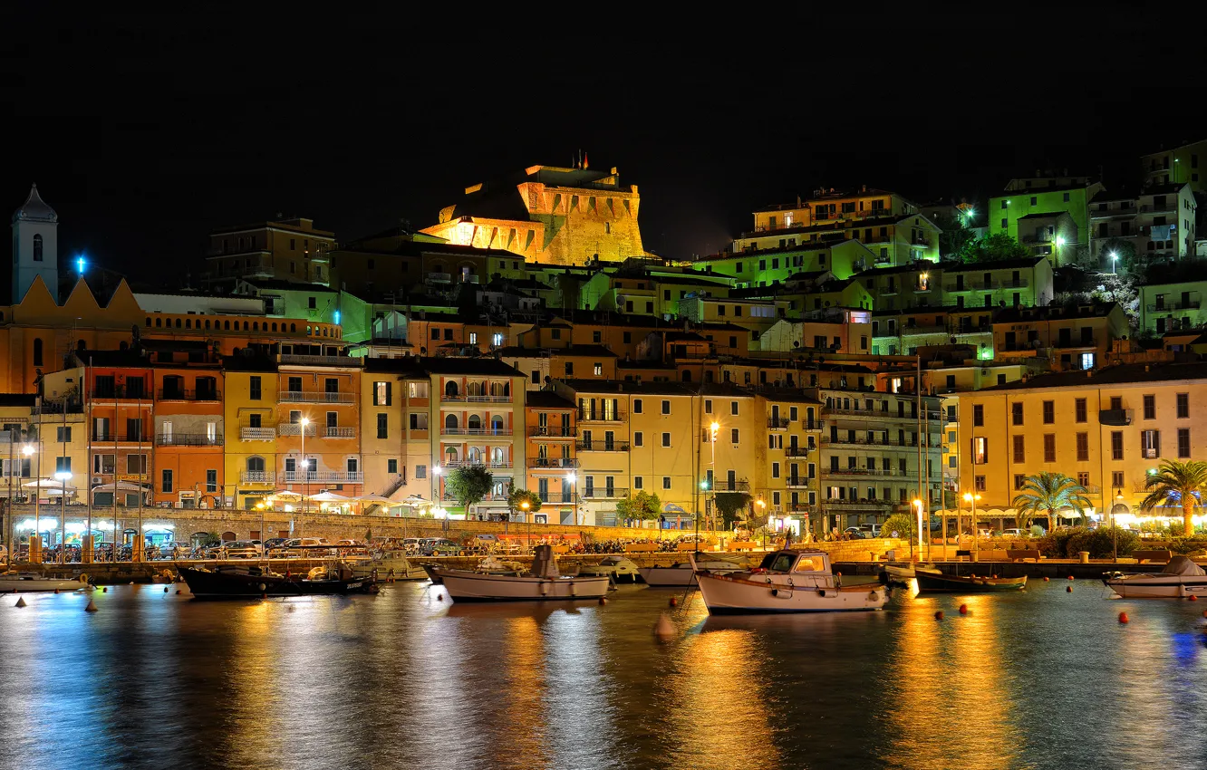 Photo wallpaper night, lights, boats, lighting, Italy, harbour, Porto Santo Stefano