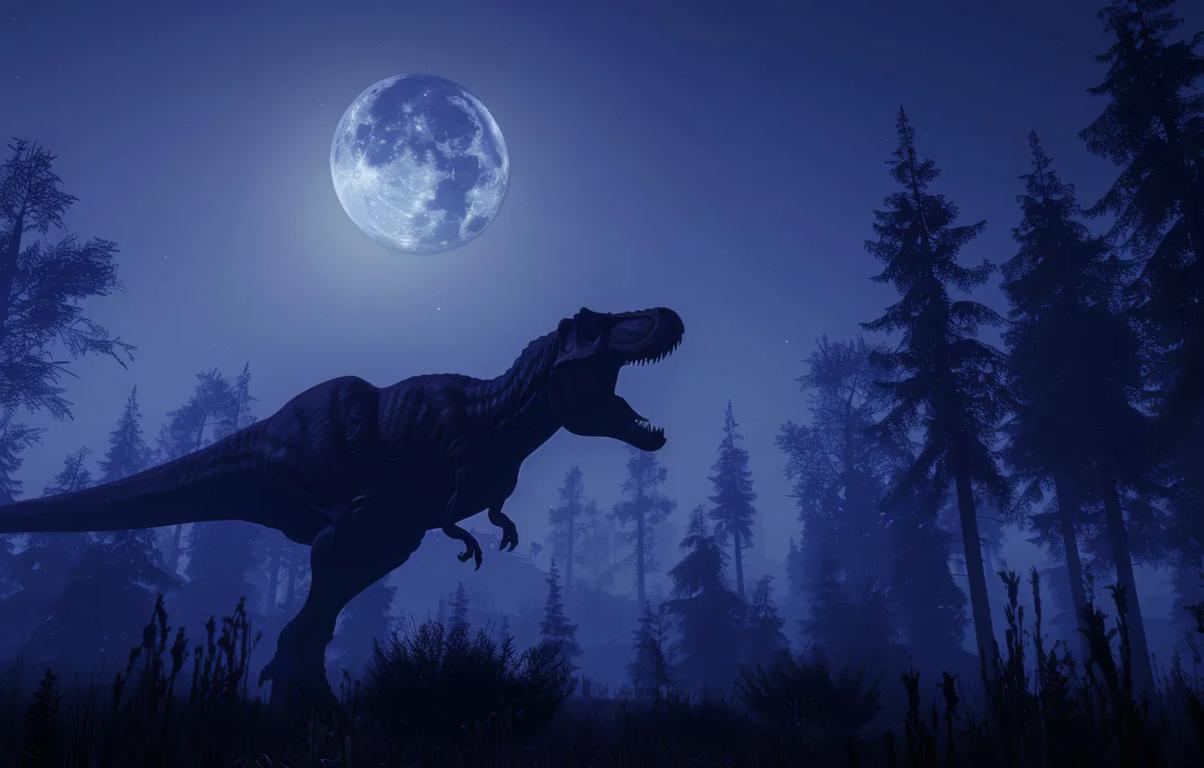 Photo wallpaper trees, night, animal, the moon, dinosaur, predator, the full moon, Tyrannosaurus