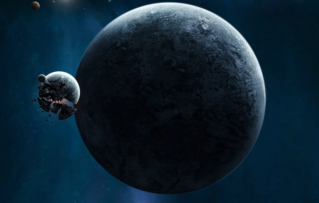 Photo wallpaper space, the explosion, fragments, planet, satellite