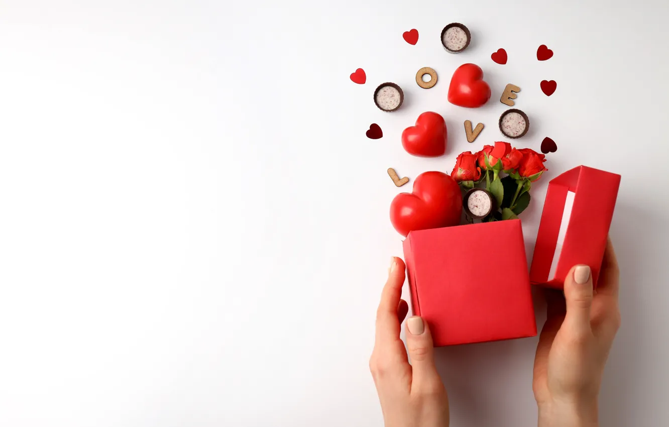 Photo wallpaper love, gift, romance, heart, chocolate, hearts, red, love