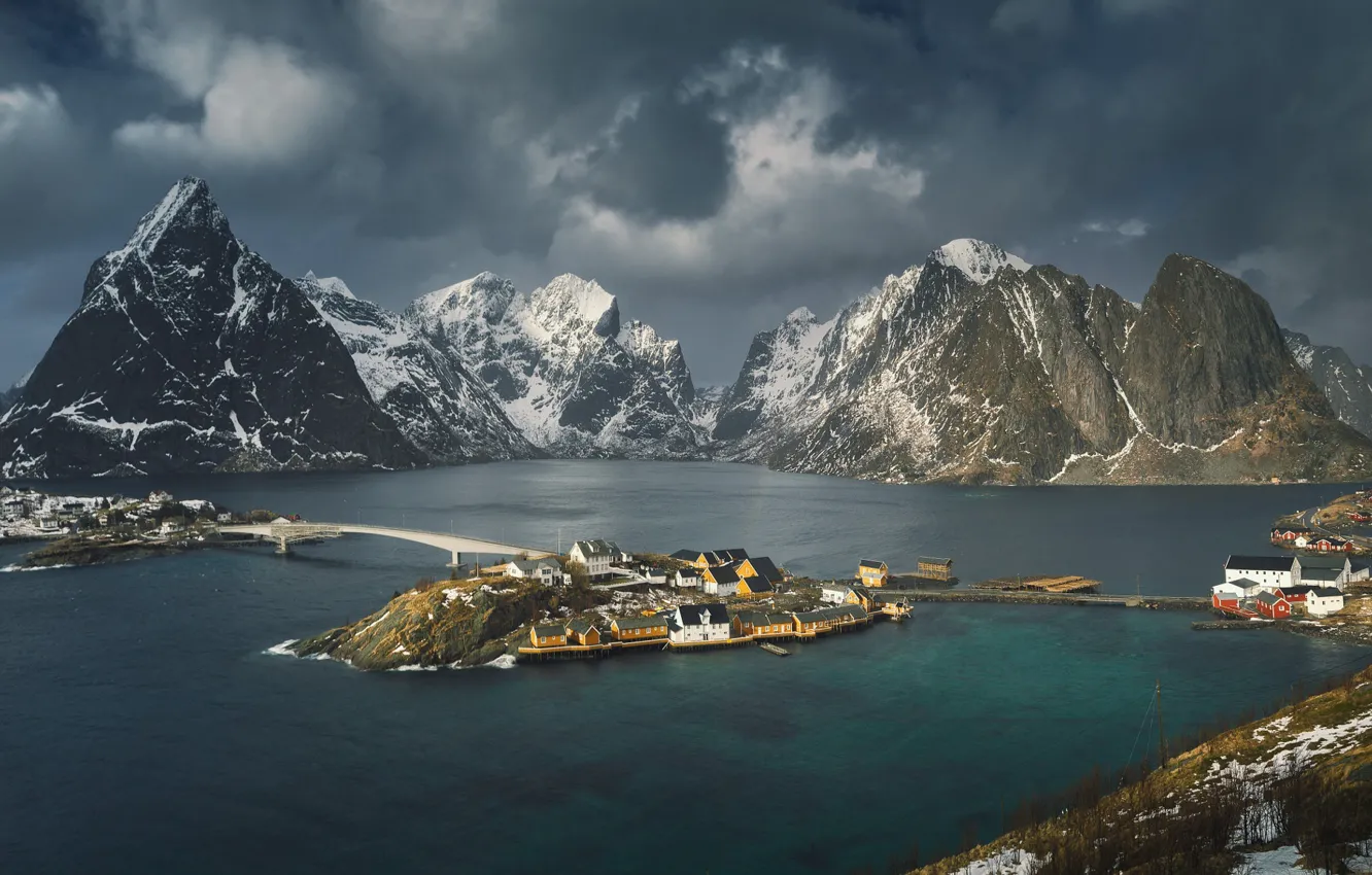 Photo wallpaper the sky, clouds, mountains, clouds, Norway, the village, the fjord, The Lofoten Islands