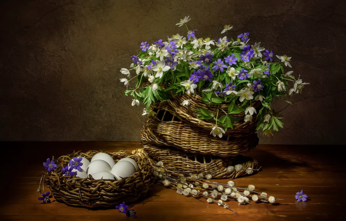 Photo wallpaper flowers, sprig, table, eggs, spring, Easter, white, still life