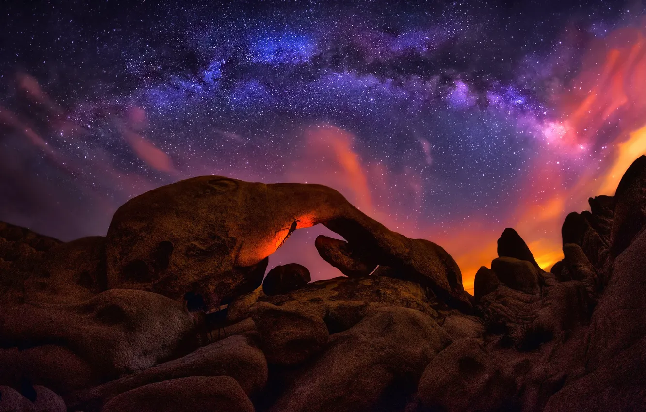 Photo wallpaper the sky, stars, clouds, light, night, stones, rocks, the milky way