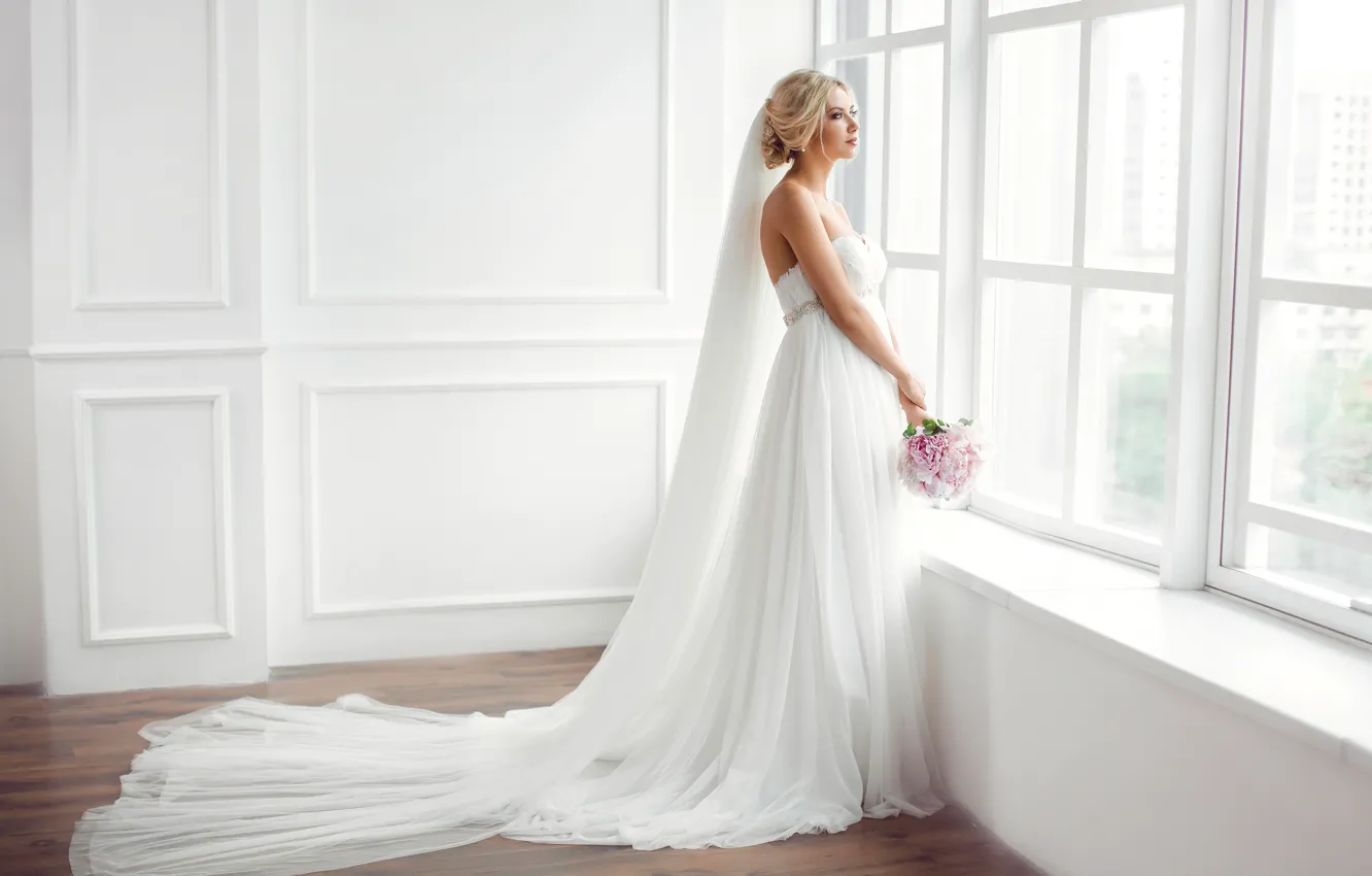Photo wallpaper white, bouquet, dress, hairstyle, the bride, veil, wedding, Buyanskyy Dmytro