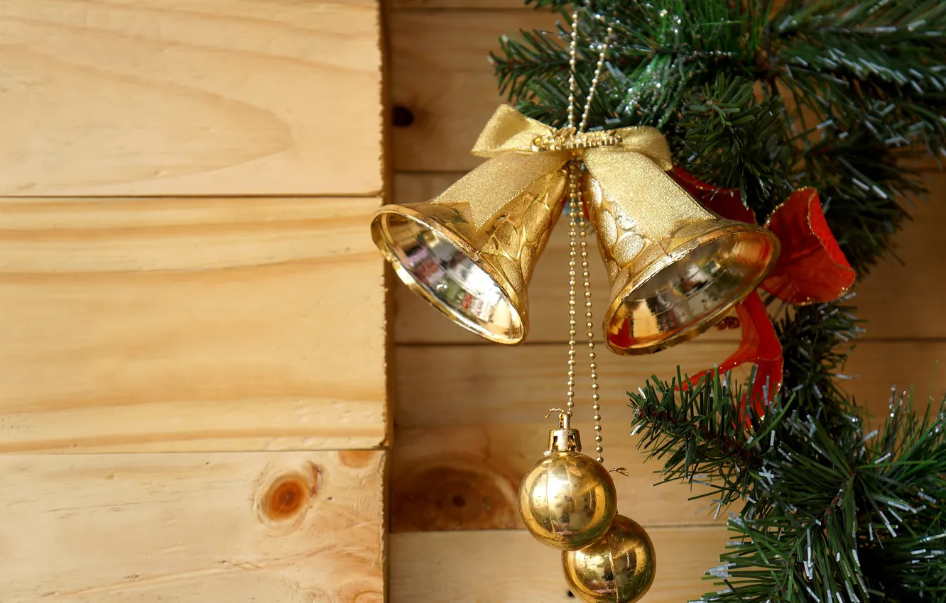 Photo wallpaper balls, branches, Board, Christmas, New year, decoration, bells, bells