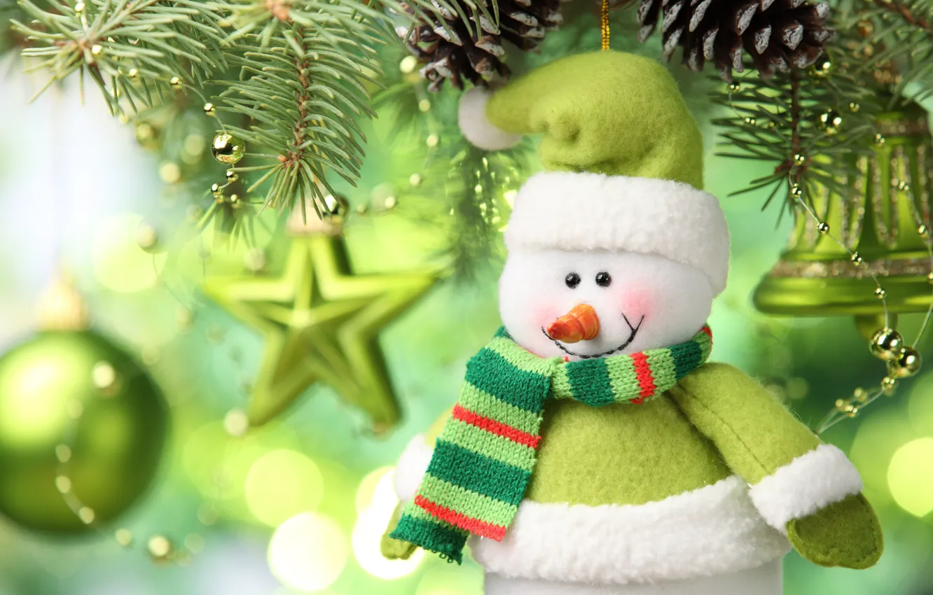 Photo wallpaper lights, green, smile, holiday, hat, toy, star, ball