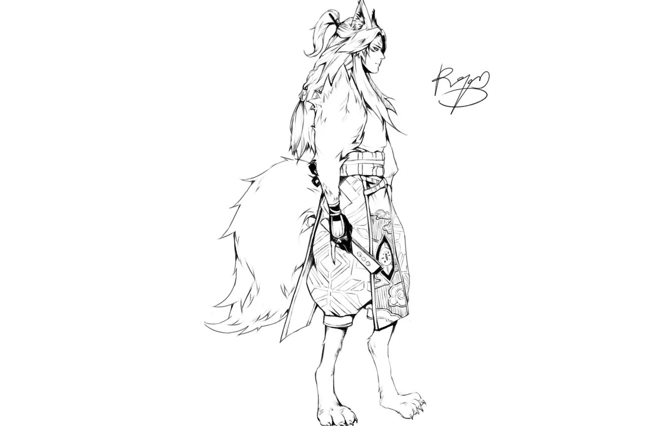 Photo wallpaper minimalism, fan, tail, guy, ears, onmyoji, Onmyouji, Onmyouji (NetEase)