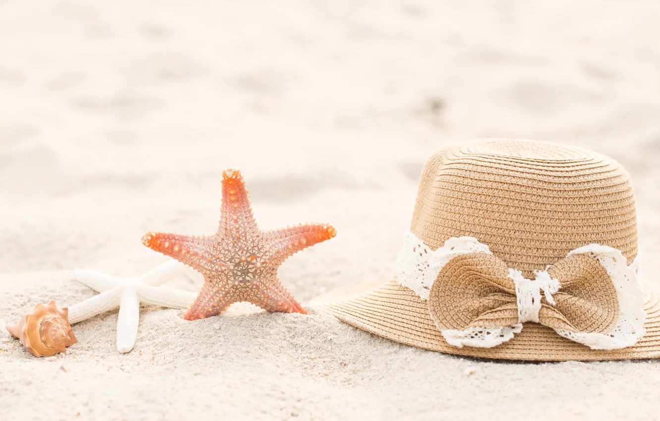 Photo wallpaper beach, nature, shell, starfish, hat, List