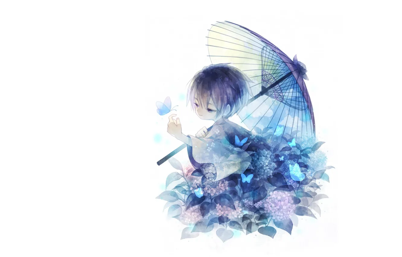 Photo wallpaper leaves, butterfly, child, umbrella, boy, white background, kimono, Hortensia