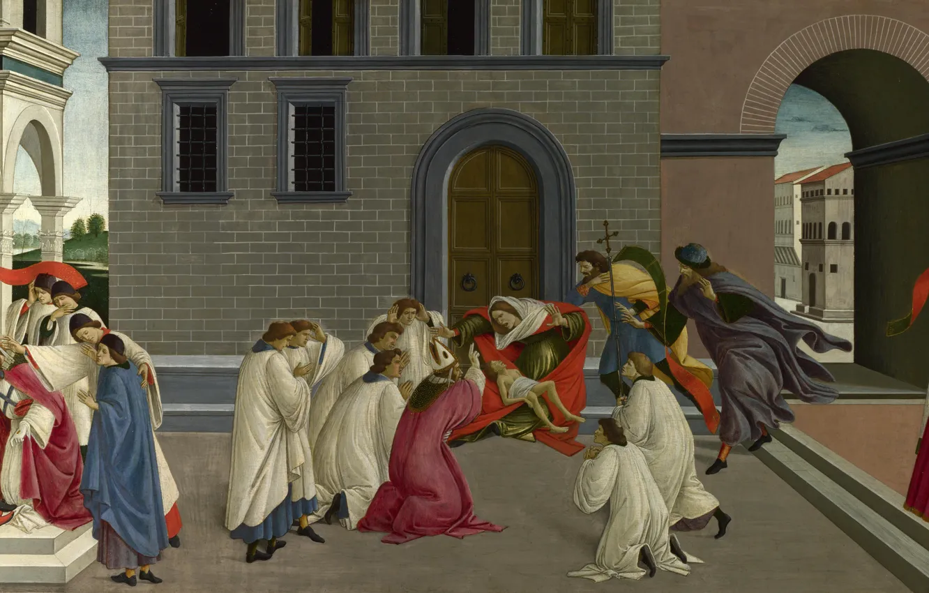 Photo wallpaper picture, mythology, Sandro Botticelli, Three Miracles Of Saint Zenobius, Scenes from the life of Saint …