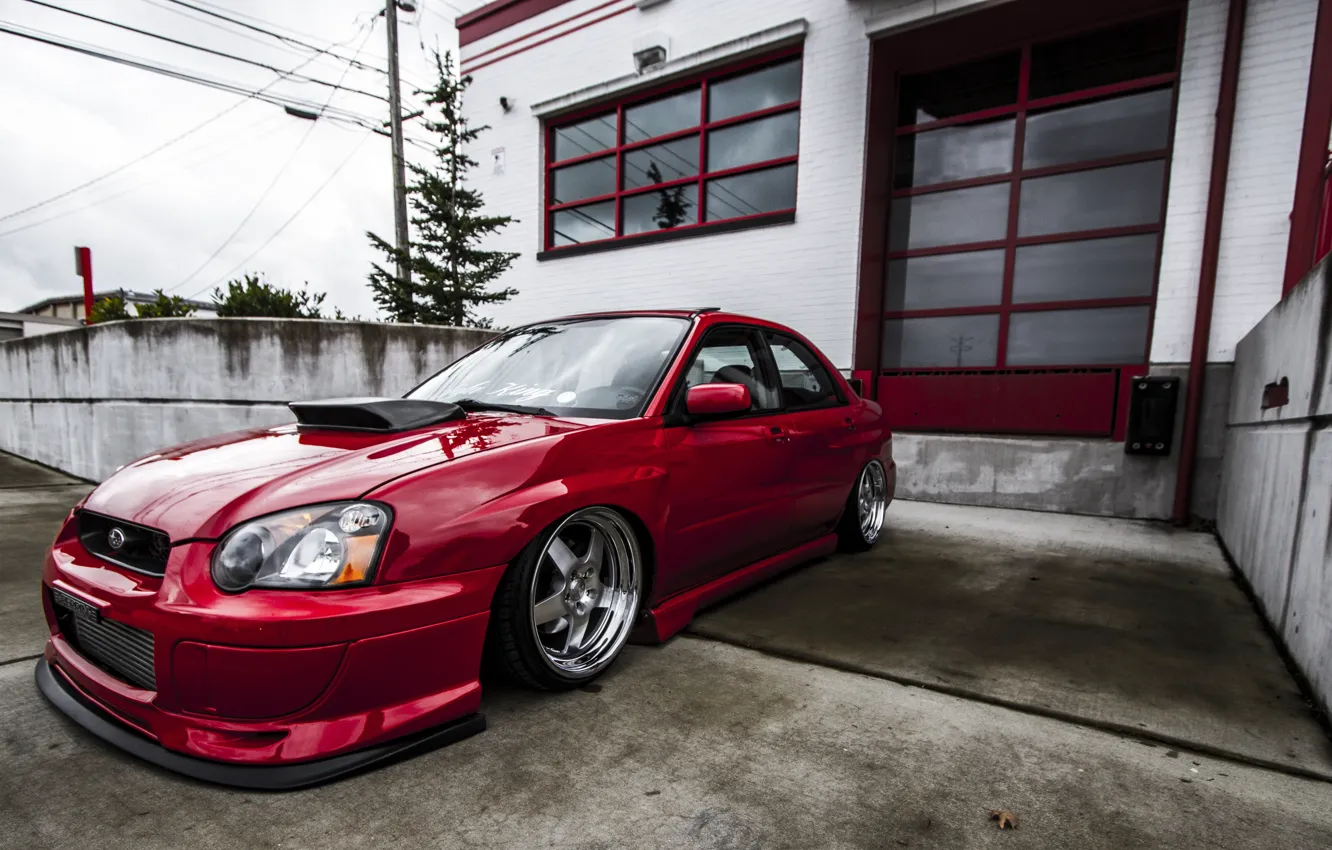 Photo wallpaper Subaru, Impreza, WRX, Red, STI, JDM, Chrome, Wheels