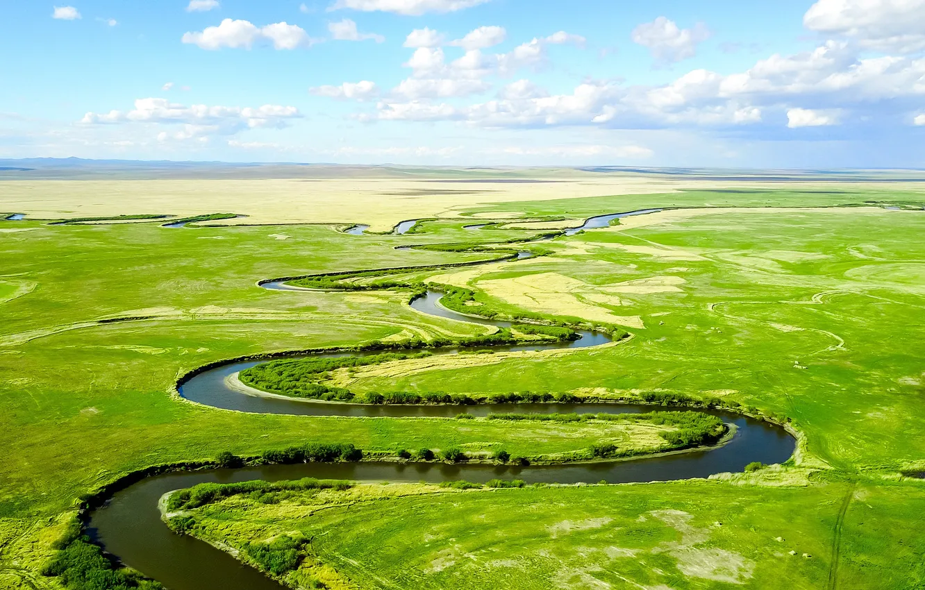 Photo wallpaper summer, clouds, horizon, space, summer, from the height of bird flight, winding river, Hulunbeier river