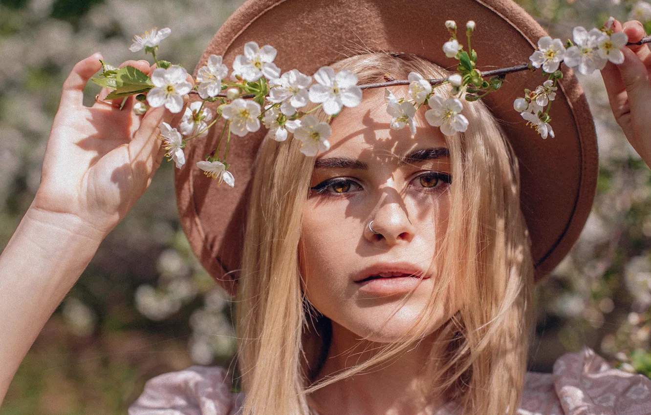 Photo wallpaper look, girl, flowers, branches, face, cherry, portrait, spring