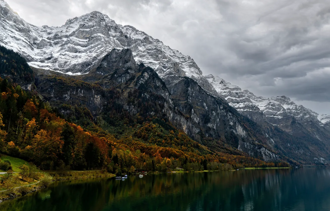 Photo wallpaper Switzerland, autumn, mountains, lake, rocks, shore, boats, mounts