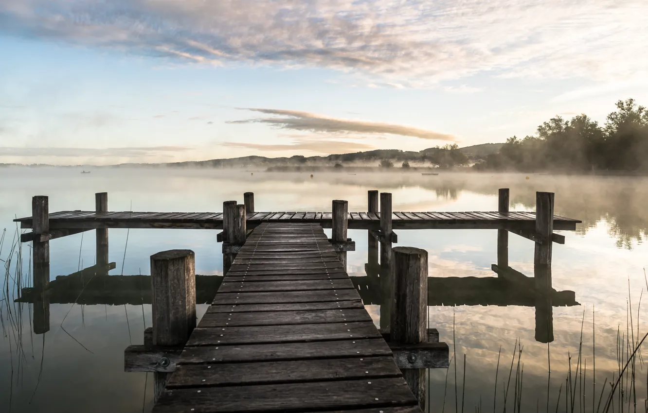 Photo wallpaper bridge, fog, lake, morning
