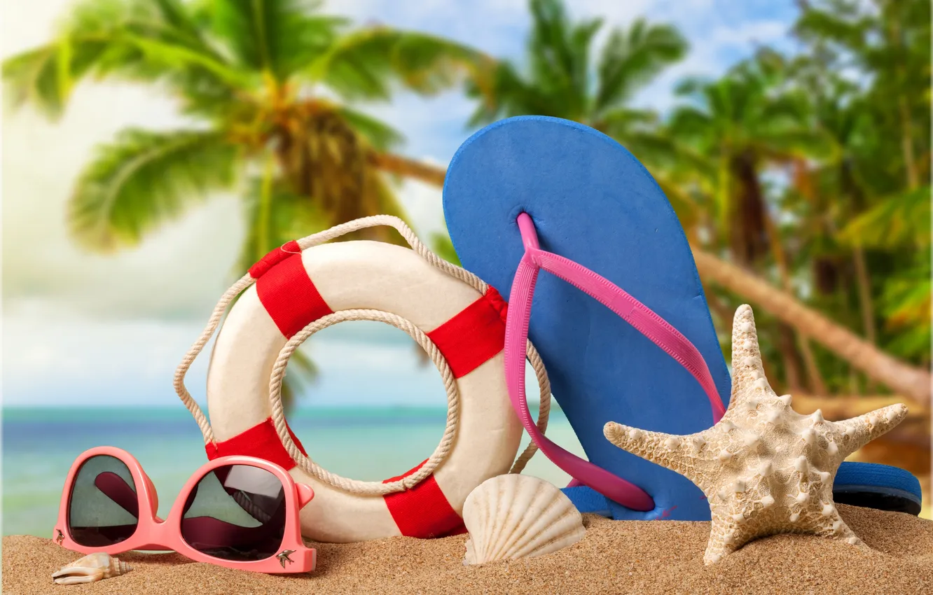 Photo wallpaper sand, beach, summer, stars, stay, hat, glasses, shell