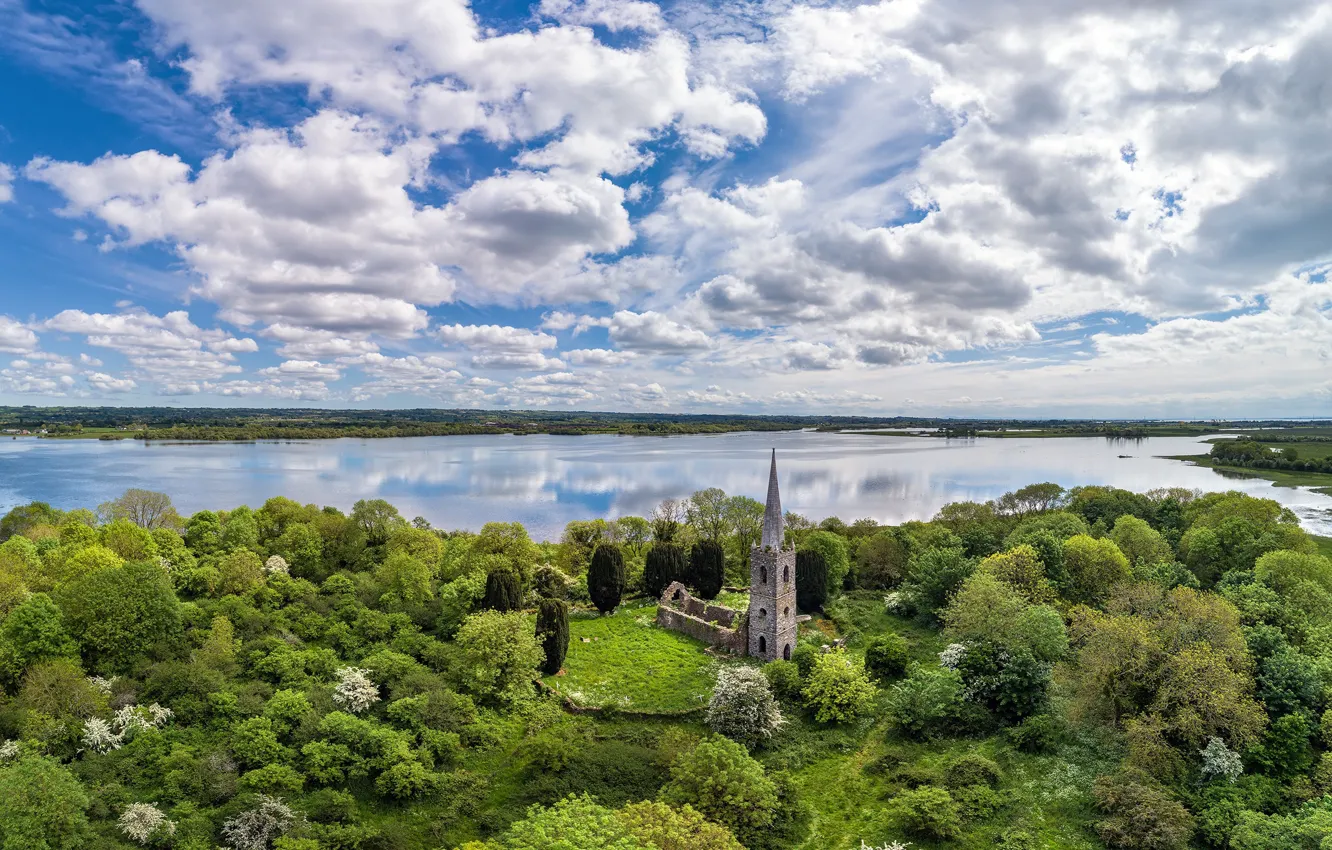 Photo wallpaper the sky, clouds, trees, nature, river, view, height, Church