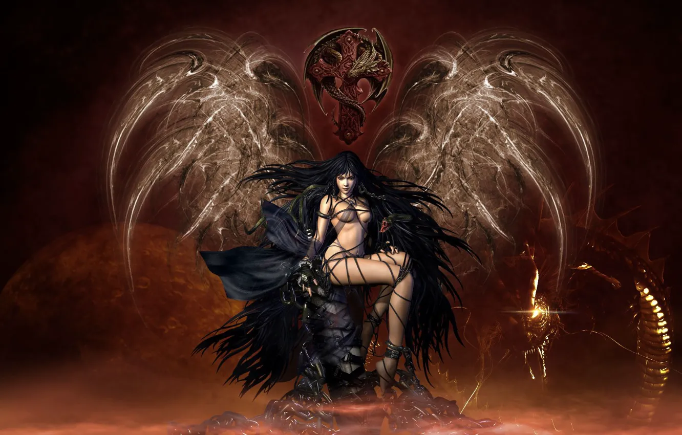 Photo wallpaper flame, dragon, planet, cross, sorceress, the witch, sexy, searing brunette