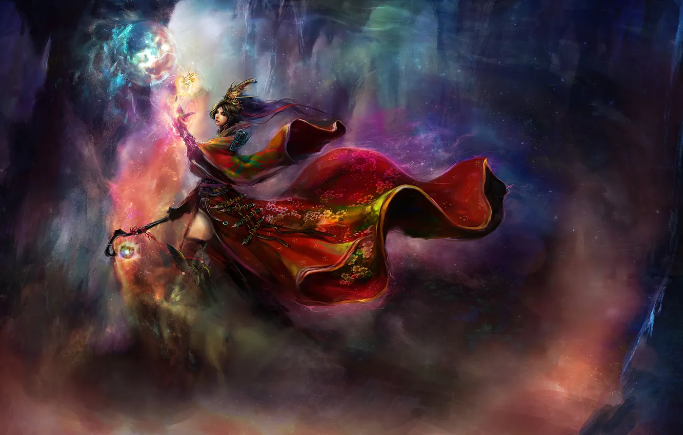 Photo wallpaper girl, magic, art, cloak, rod