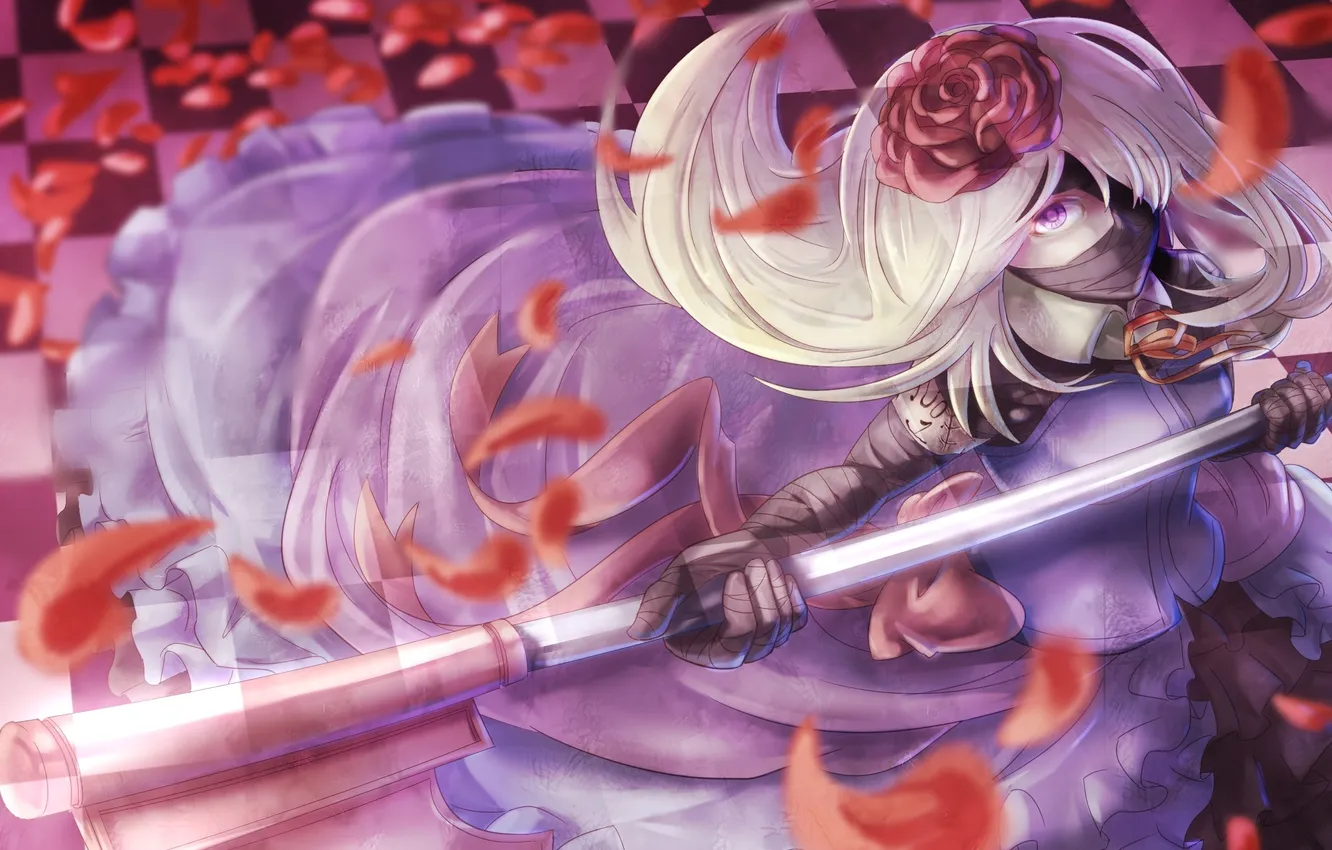 Photo wallpaper girl, petals, dress, axe