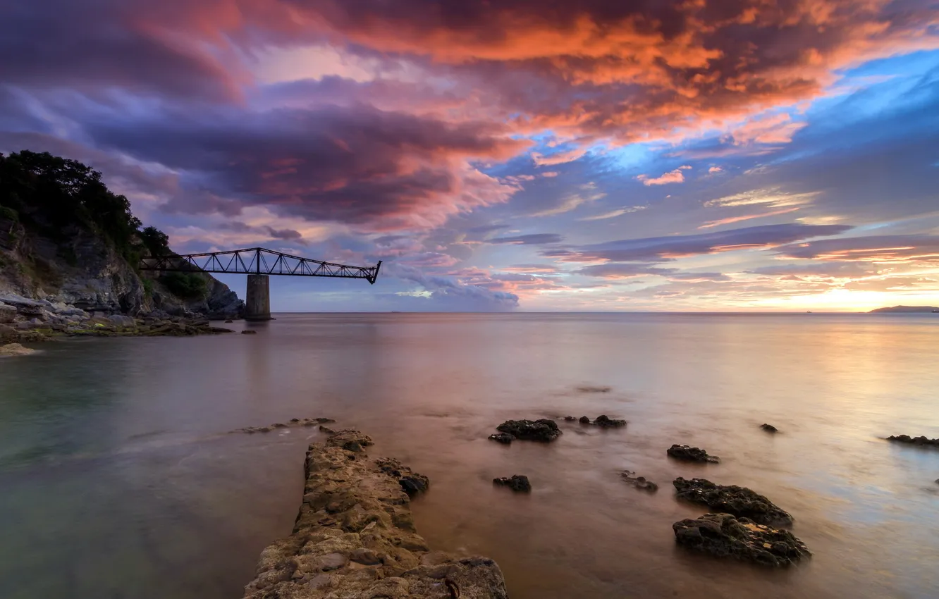 Photo wallpaper sea, the sky, landscape, sunset, bridge
