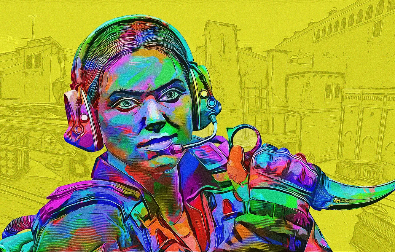 Photo wallpaper girl, headphones, knife, Counter-Strike: Global Offensive