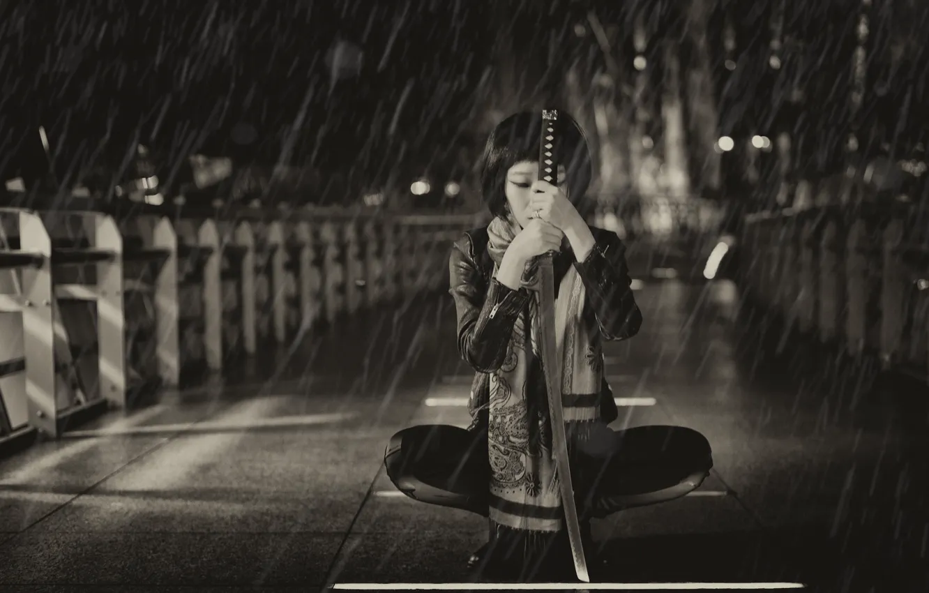 Photo wallpaper girl, background, rain, sword, katana, Asian